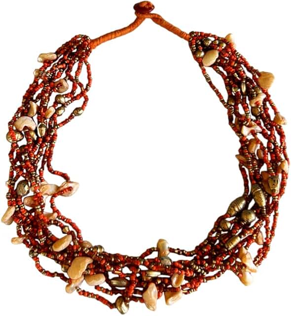 Orange Beaded Layered Necklace with Glass and Gold Beads