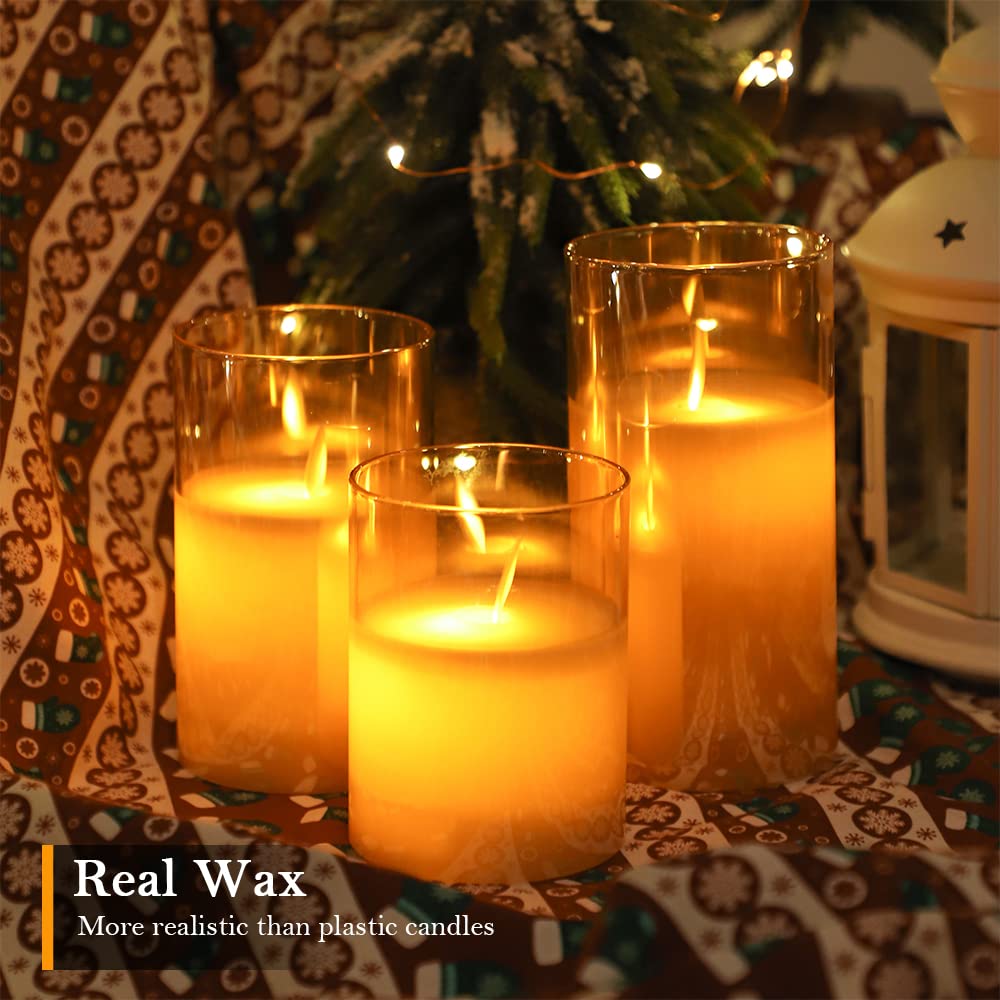 Amber Flickering Flameless Candles Battery Operated with Remote and Timer, Gl Real Wax LED Pillar Candles with Moving Wicks for Fall  Pack of 3 D 3H 456)