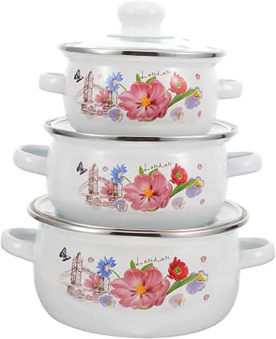 Set of three vintage white enamel cooking pots