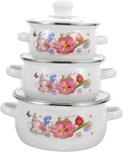 Set of three vintage white enamel cooking pots