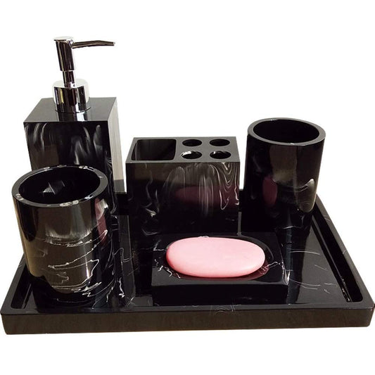 Bathroom Set in Black Marble Design Black Marble Pattern Tray Resin Bathroom Set Toothbrush Holder soap Dispenser soap Dish Mens Bathroom Accessories Set Home Deco 6PCS Set