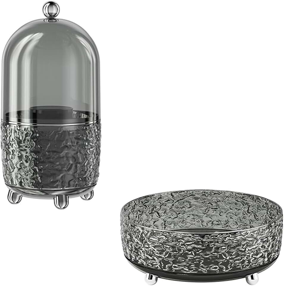 Gray makeup brush holder with lid and 360° rotating organizer