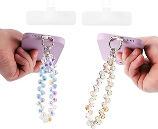 Beaded Phone Wrist Strap with Crystal Stones, Purple and White