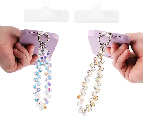 Beaded Phone Wrist Strap with Crystal Stones, Purple and White