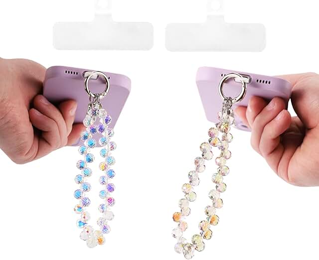 Beaded Phone Wrist Strap with Crystal Stones, Purple and White