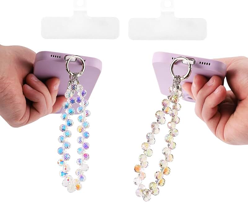 Beaded Phone Wrist Strap with Crystal Stones, Purple and White