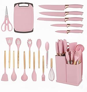 Pink Silicone Cooking Utensils Set with Wooden Handles