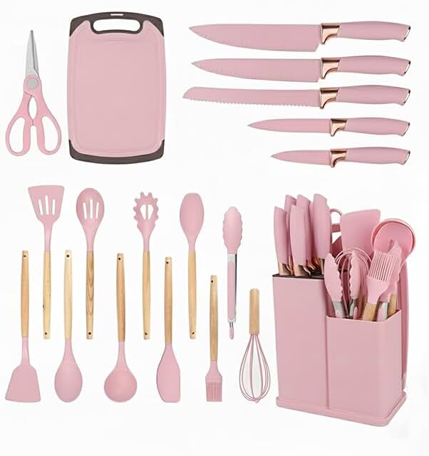 Pink Silicone Cooking Utensils Set with Wooden Handles