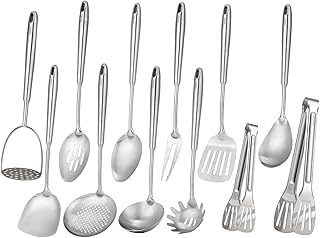 12-piece stainless steel kitchen utensil set with serving tools