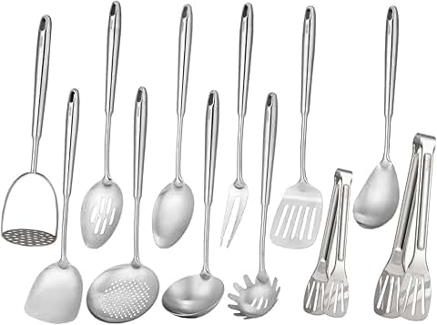12-piece stainless steel kitchen utensil set with serving tools