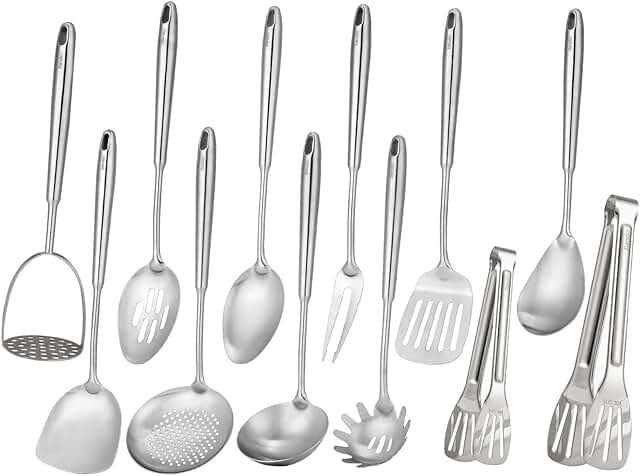 12-piece stainless steel kitchen utensil set with serving tools