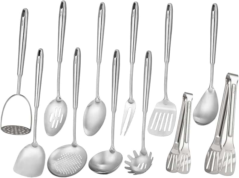 12-piece stainless steel kitchen utensil set with serving tools