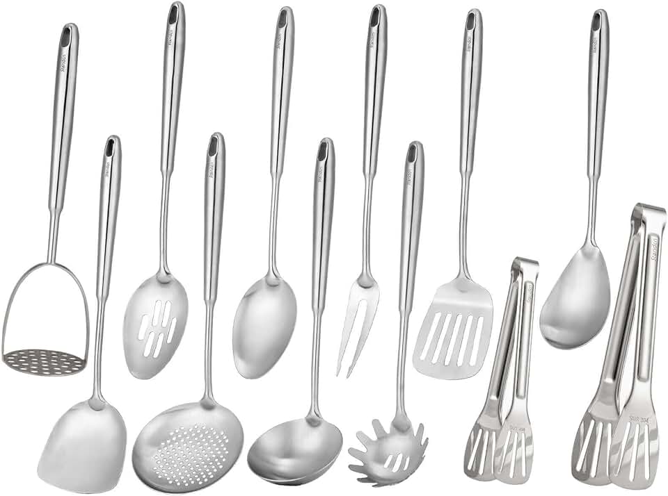 12-piece stainless steel kitchen utensil set with serving tools