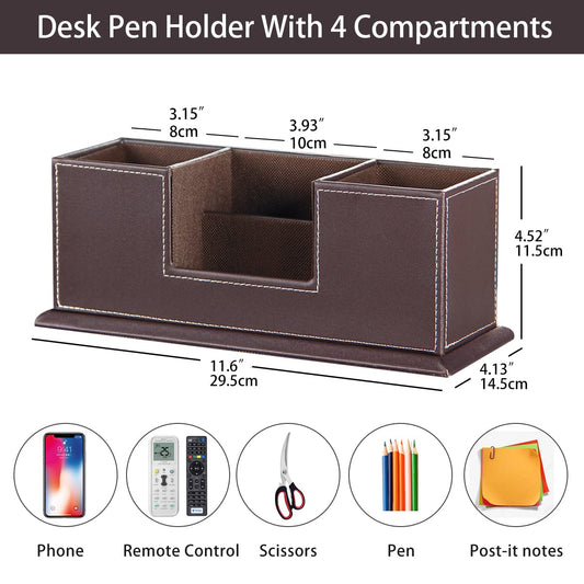 PU Leather Desk Pen and Stationery Organizer