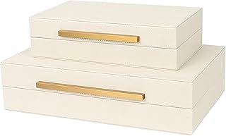 Set of 2 Beige Shagreen Storage Boxes with Gold Handles
