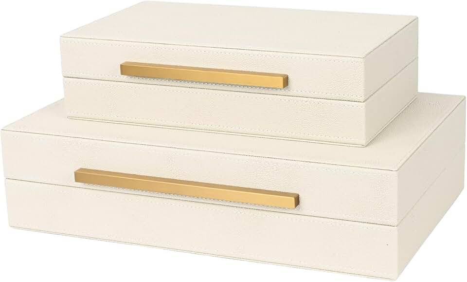 Set of 2 Beige Shagreen Storage Boxes with Gold Handles