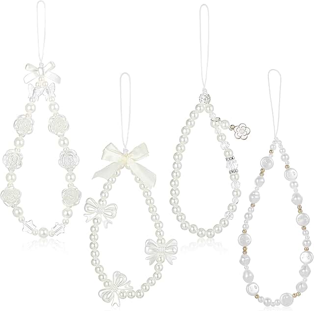 Set of 4 Beaded Phone Charms with Butterfly and Pearl Designs