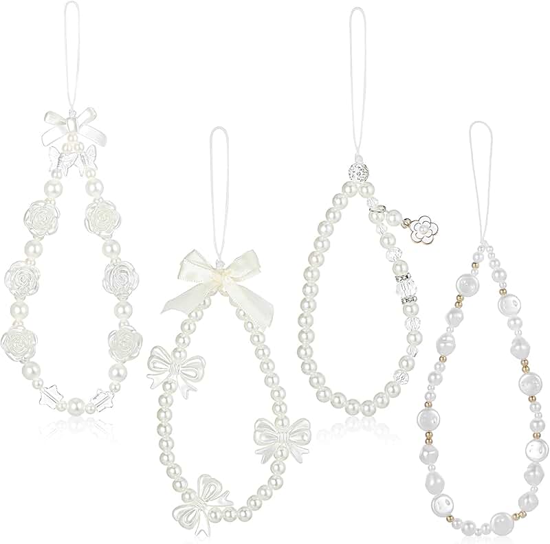 Set of 4 Beaded Phone Charms with Butterfly and Pearl Designs