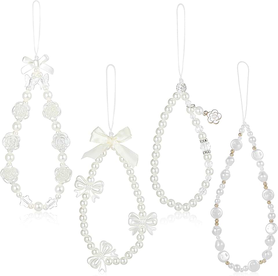 Set of 4 Beaded Phone Charms with Butterfly and Pearl Designs