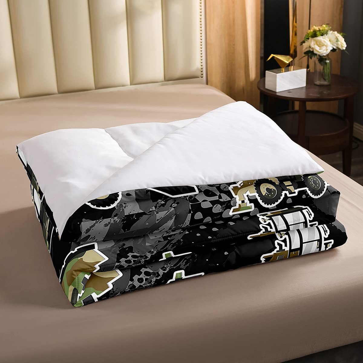 Boys Camouflage Cartoon Car Toddler Bedding Set Queen Size Kids Camo Construction Vehicles Comforter for Teens Children Cute Truck Comforter Set Construction Site Cars Quilt Set 3Pcs Room Decor