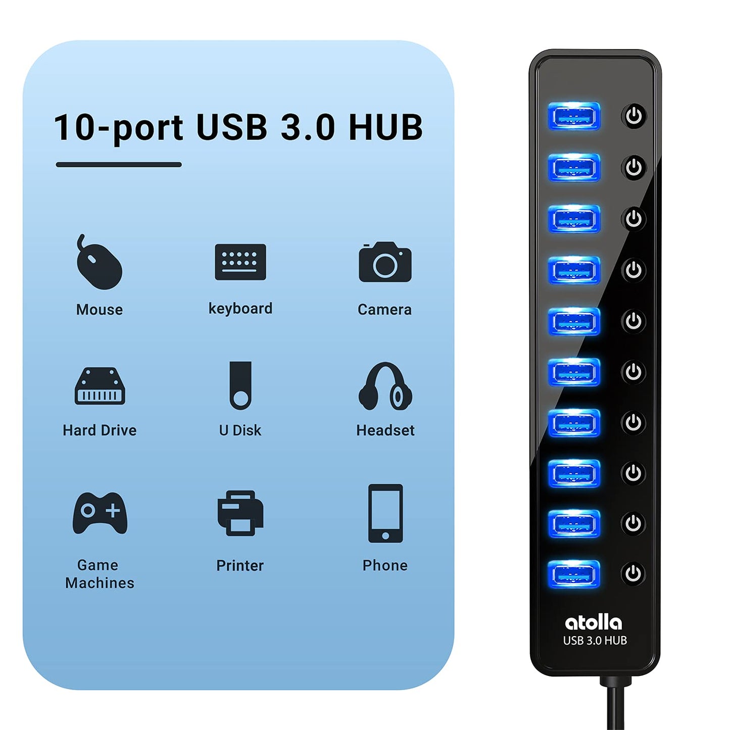 Powered USB 3.0 Hub, 10 Ports USB Data Hub Splitter with Individual ON/Off Switches and 12V/2.5A Power Adapter USB Extension for Mouse, Keyboard, Hard Drive or More USB Devices