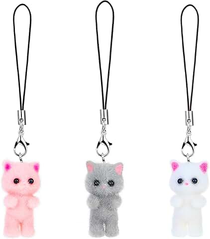 Set of three cute cat phone charms with hanging pendants
