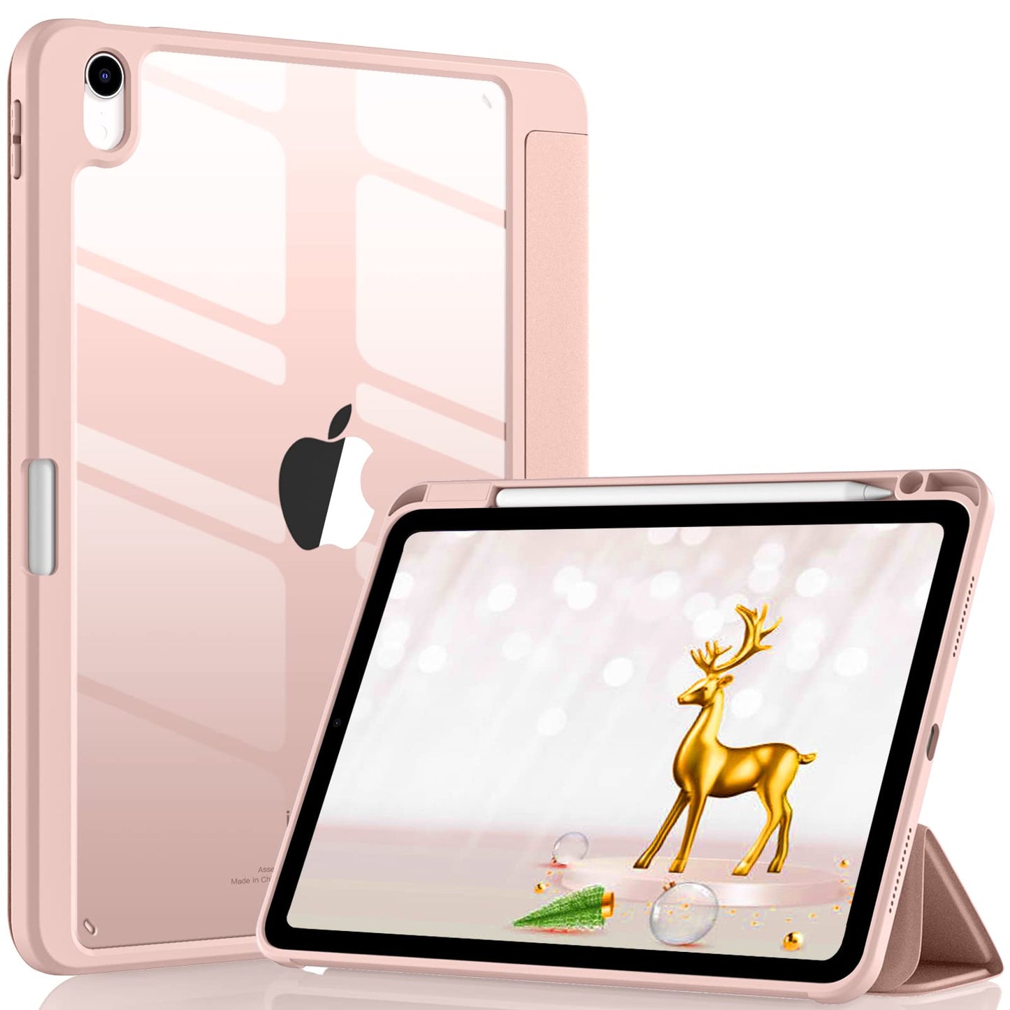 Case Compatible with iPad Air 5th Generation (2022) / iPad Air 4th Generation (2020) 10.9 Inch with Pencil Holder, for iPad Air 5/4 Case, Slim Smart Cover with Clear Back Shell, Rose Pink