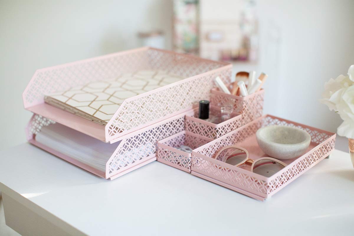 Pink Desk Organizer Set with Pen Cup and Trays