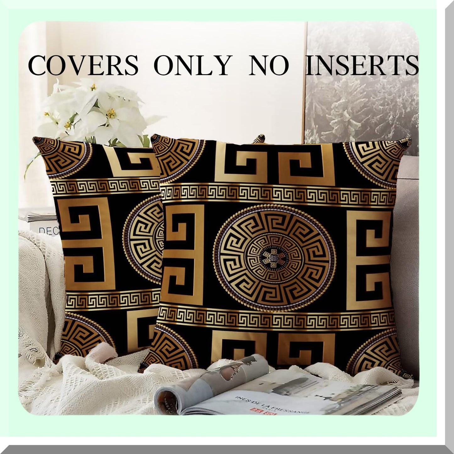 Gold Key Geometric Pillowcase Set - Modern Greek Pattern Cushion Covers for Living Room, Bedroom, Office Sofa Couch - 20x20 Inch, Pack of 2