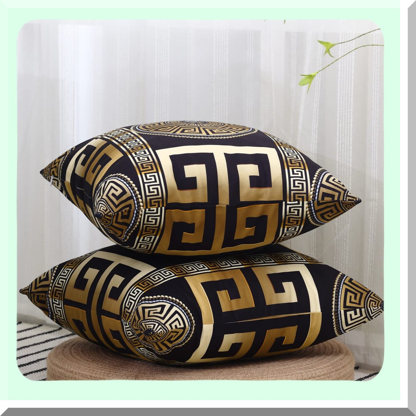 Gold Key Geometric Pillowcase Set - Modern Greek Pattern Cushion Covers for Living Room, Bedroom, Office Sofa Couch - 20x20 Inch, Pack of 2