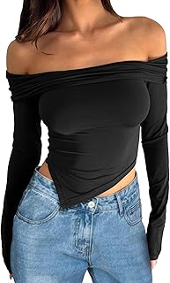 Off Shoulder Long Sleeve Crop Top for Women