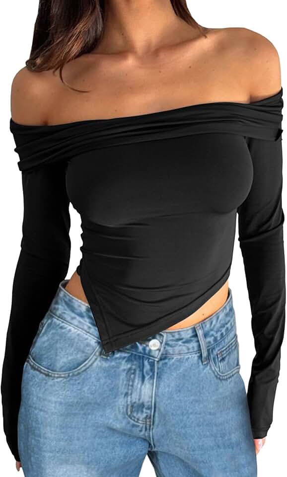 Off Shoulder Long Sleeve Crop Top for Women