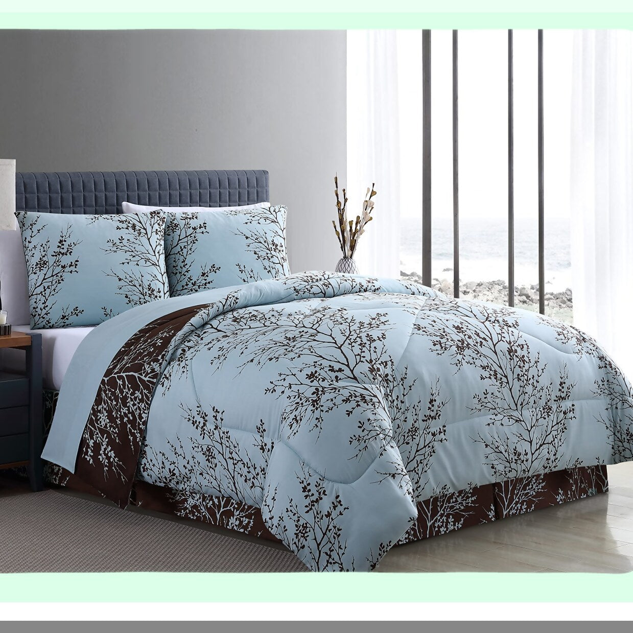 Luxury Leaf 8-Piece Bedding Set - Blue/Chocolate - Comforter, Sheets, Pillowcases, Shams - Soft Microfiber - All-in-One Bed-in-a-Bag - King/Queen