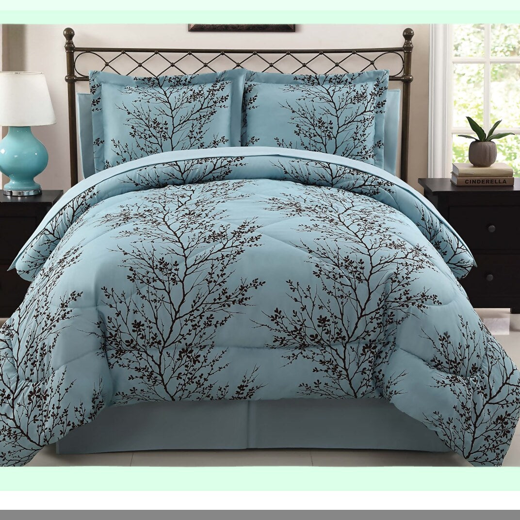 Luxury Leaf 8-Piece Bedding Set - Blue/Chocolate - Comforter, Sheets, Pillowcases, Shams - Soft Microfiber - All-in-One Bed-in-a-Bag - King/Queen