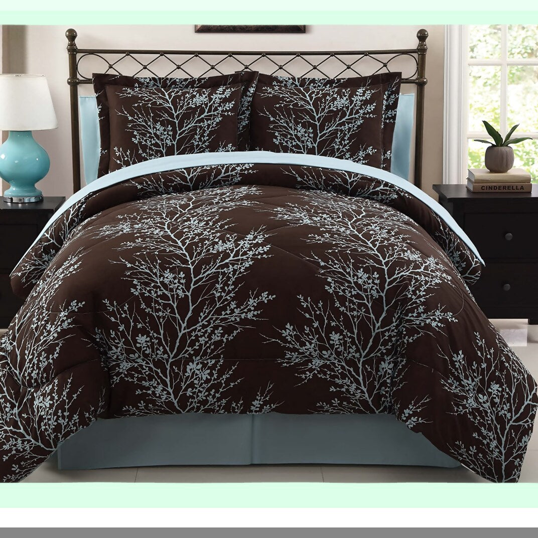 Luxury Leaf 8-Piece Bedding Set - Blue/Chocolate - Comforter, Sheets, Pillowcases, Shams - Soft Microfiber - All-in-One Bed-in-a-Bag - King/Queen