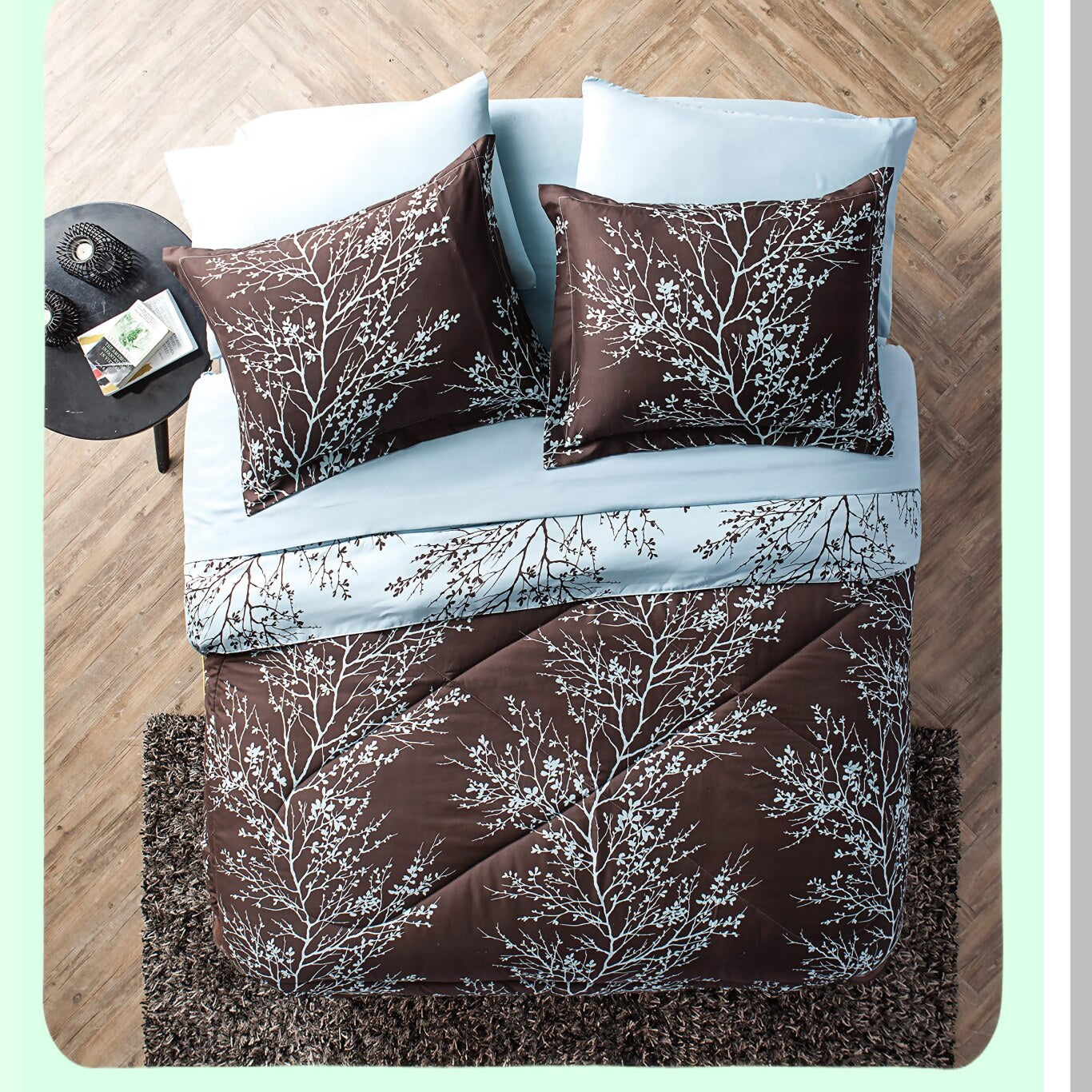 Luxury Leaf 8-Piece Bedding Set - Blue/Chocolate - Comforter, Sheets, Pillowcases, Shams - Soft Microfiber - All-in-One Bed-in-a-Bag - King/Queen