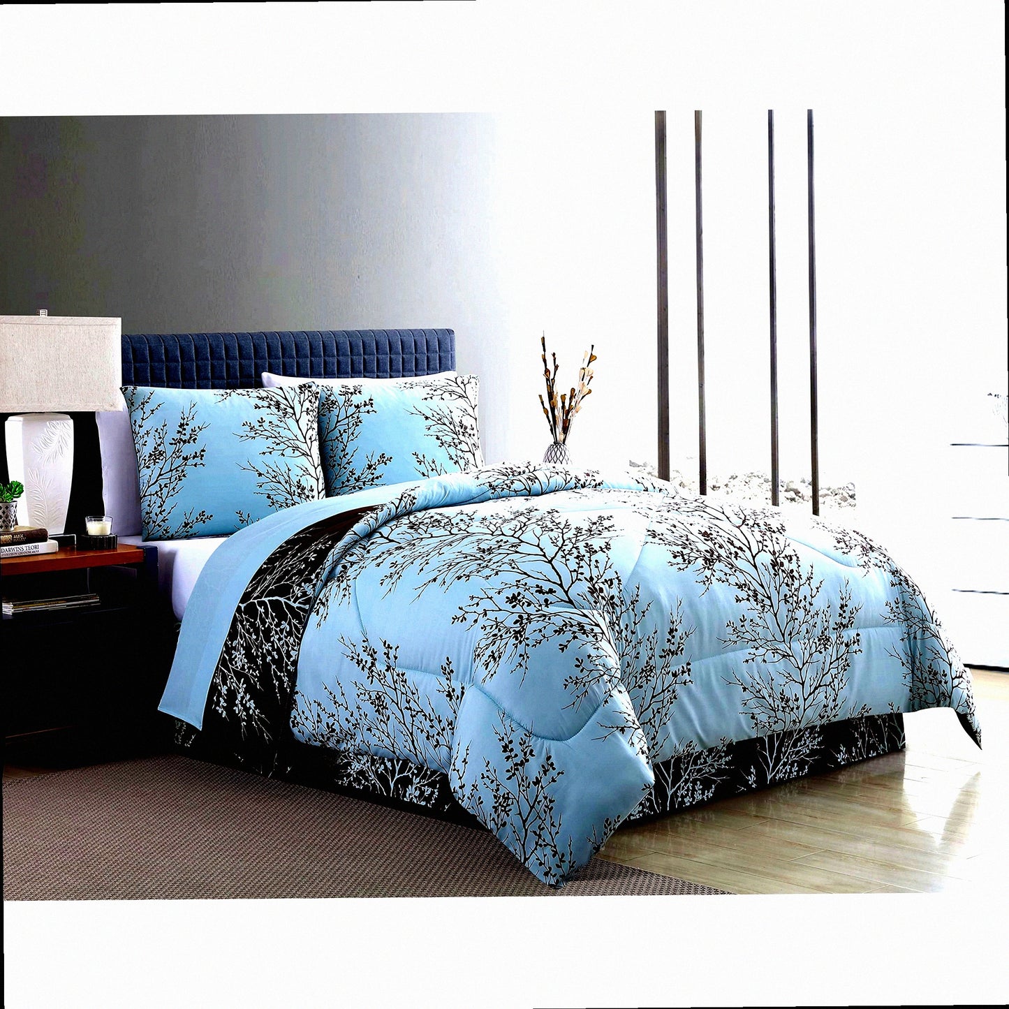 Luxury Leaf 8-Piece Bedding Set - Blue/Chocolate - Comforter, Sheets, Pillowcases, Shams - Soft Microfiber - All-in-One Bed-in-a-Bag - King/Queen