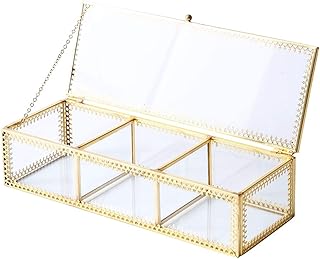 Vintage glass jewelry box with brass accents and lace design