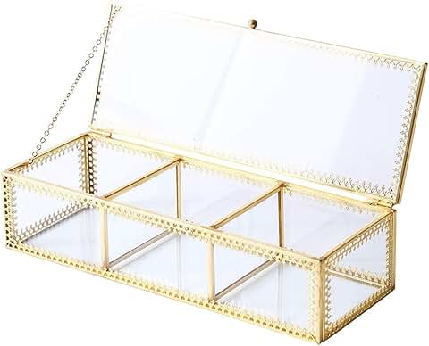 Vintage glass jewelry box with brass accents and lace design