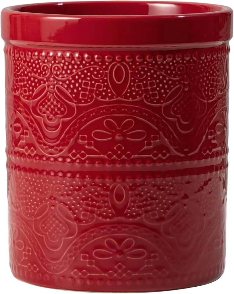 Large Red Ceramic Kitchen Utensil Holder