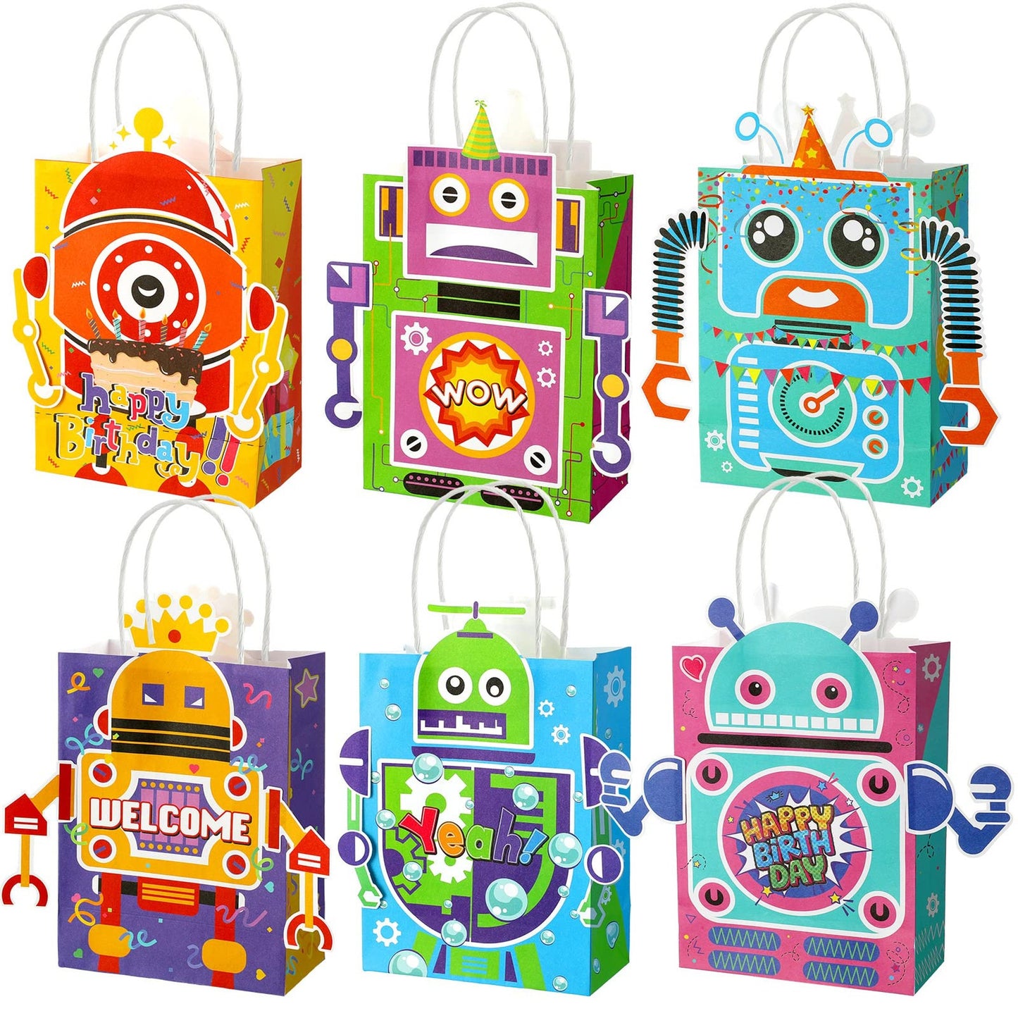 Robot Treat Bags - 24 Pcs Candy Gift Bags for Kids Birthday Party Decorations. Goodie Bags with Handle for Robot Themed Party Supplies.