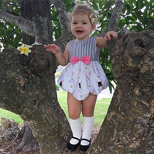 Baby Girl Summer  Outfit Cartoon Bunny Sleeveless Striped Romper Bodysuit with Bowknot White