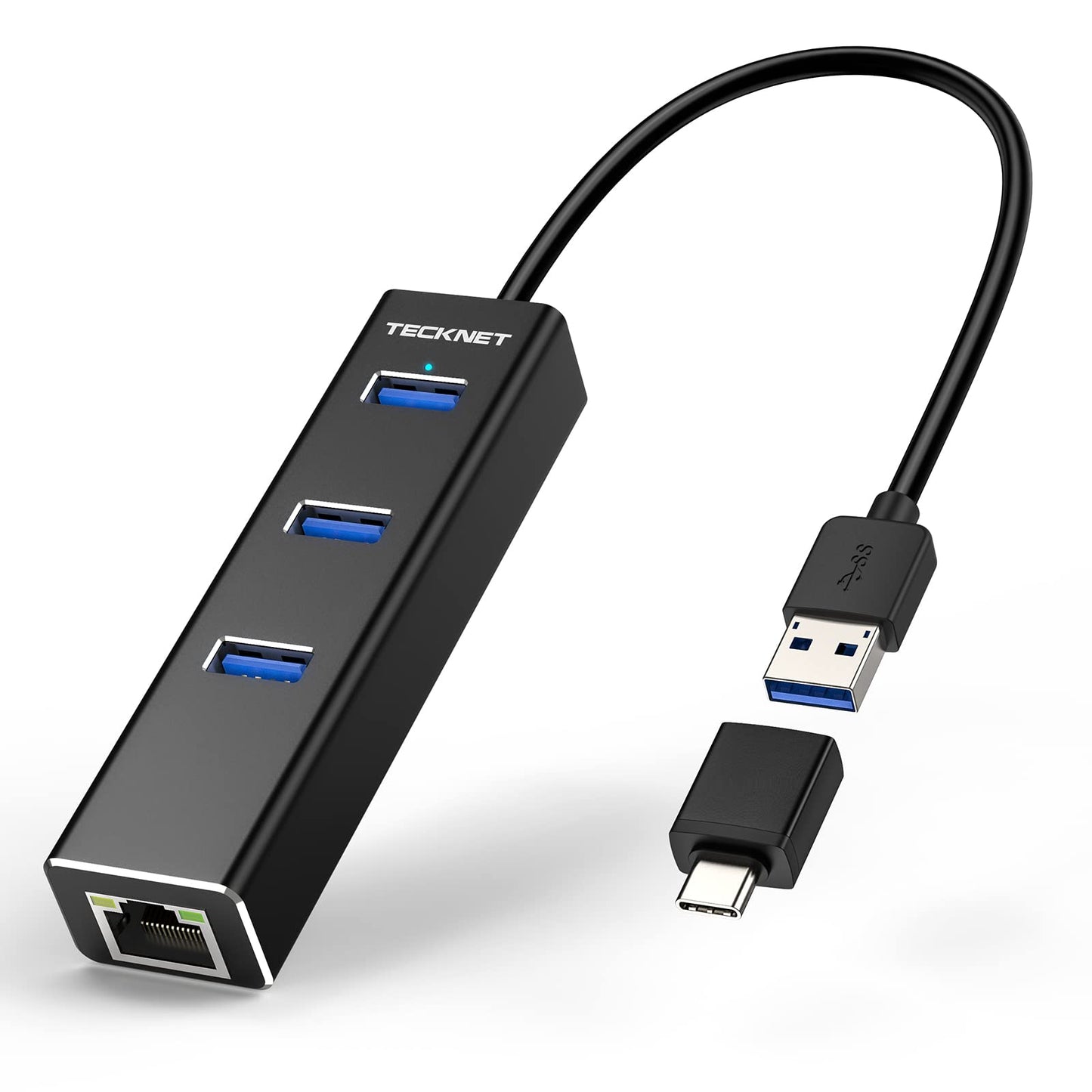 USB to Ethernet Adapter, USB C to Ethernet, Aluminum 3 Port USB 3.0 Hub with RJ45 10/100/1000 Gigabit Ethernet Adapter Converter LAN Wired, USB Network Adapter with USB C Adapter for Laptop
