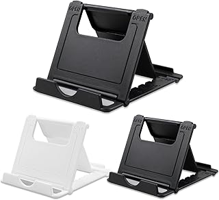 Set of three foldable phone stands in black and white