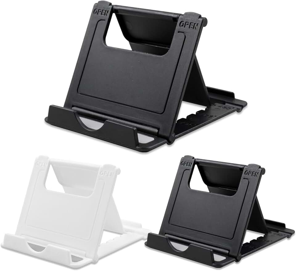 Set of three foldable phone stands in black and white