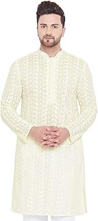 Men's Cotton Chikankari Knee-Length Kurta with Full Sleeves