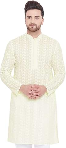 Men's Cotton Chikankari Knee-Length Kurta with Full Sleeves