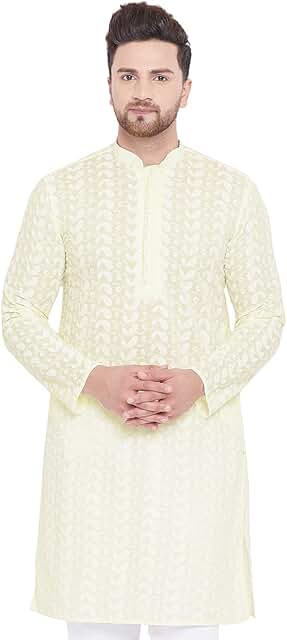 Men's Cotton Chikankari Knee-Length Kurta with Full Sleeves