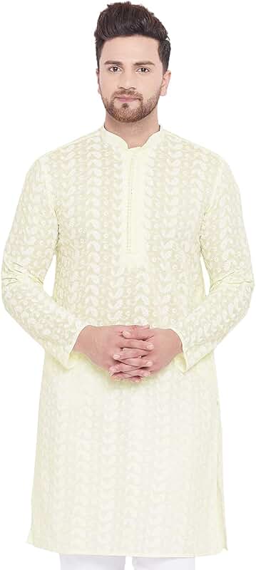 Men's Cotton Chikankari Knee-Length Kurta with Full Sleeves