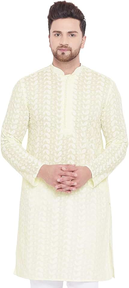 Men's Cotton Chikankari Knee-Length Kurta with Full Sleeves